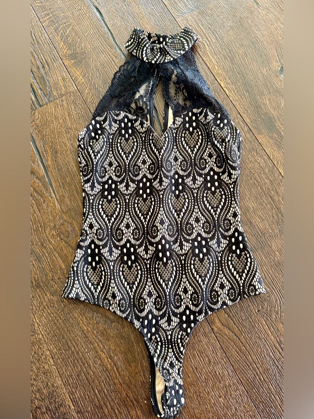 Lace Halter Bodysuit in Black and Cream